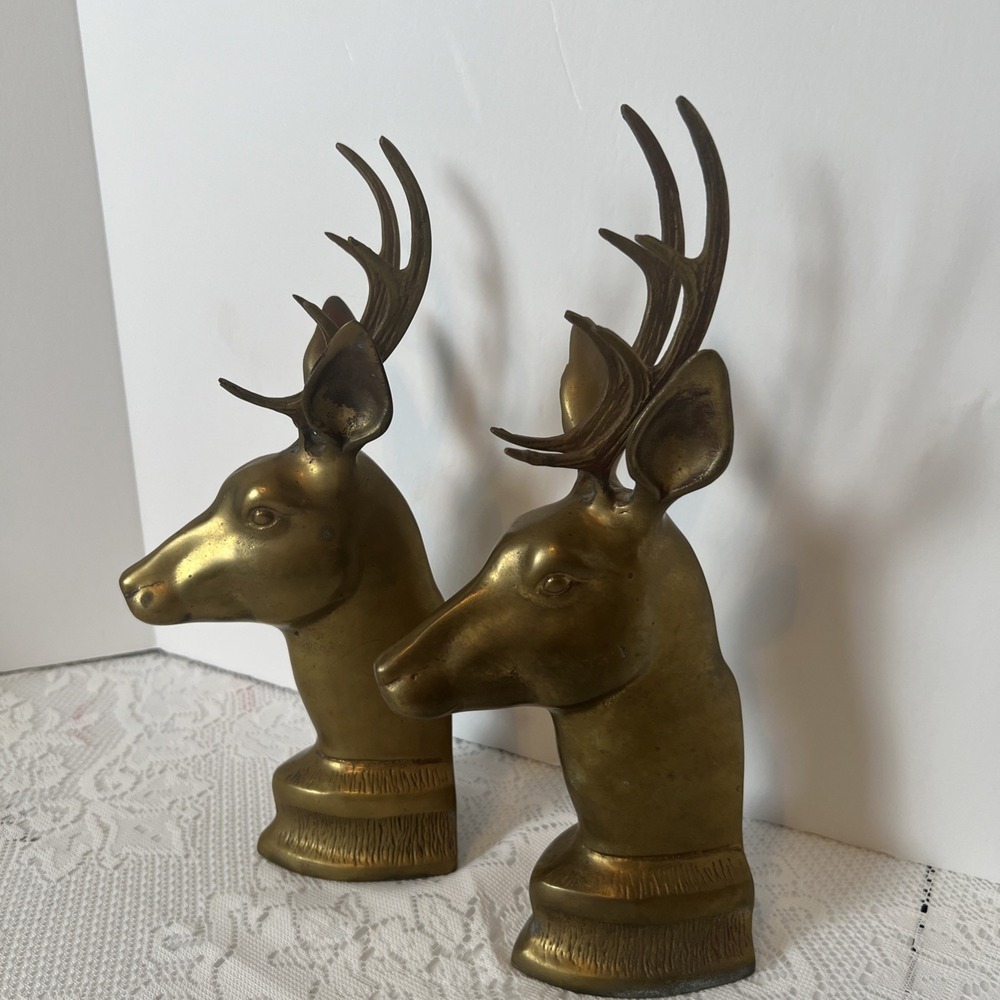MCM Stag Brass Book Ends Vintage Deer Brass Heads Library Lodge Hunting 12" Tall - Picture 2 of 6